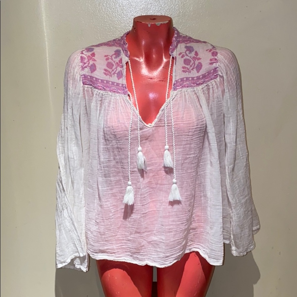 Free People White Gauze Peasant Top with Pink Embroidery